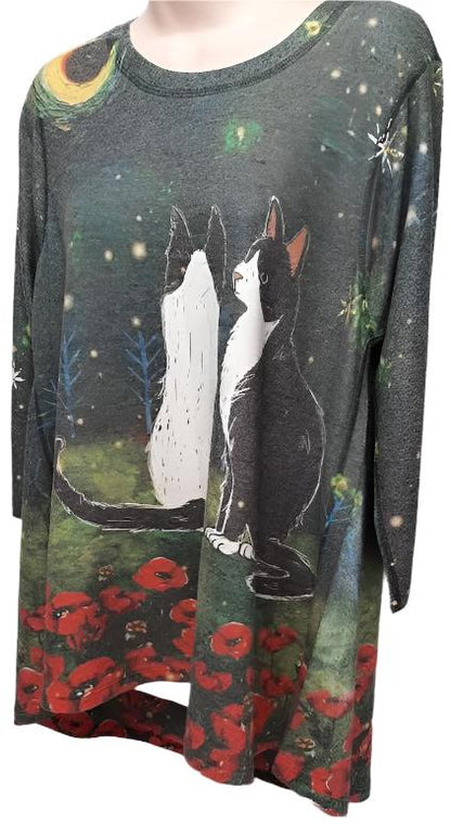 Shirt Pullover Green Black/White Cat Women's-T208hc 