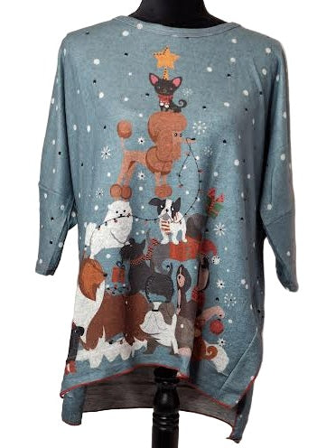Top Pullover Christmas Dogs Aqua&nbsp; Long Sleeve&nbsp; Women's 25630C