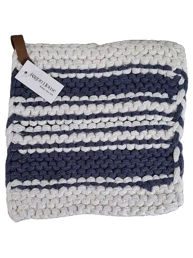 Pot Holder Cream/Blue Knit With Leather Hanger 8x8"&nbsp;