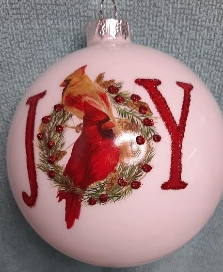 Christmas Glass -White-Joy/Cardinal Ball Ornament-5" 