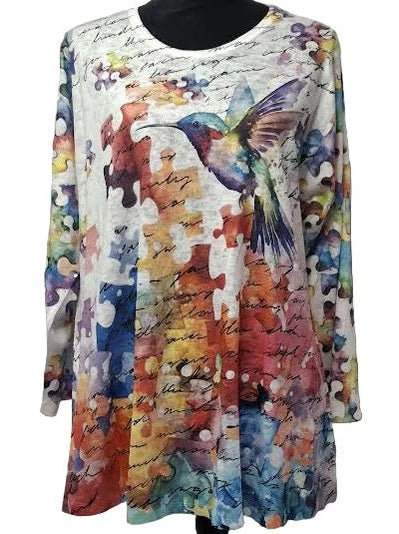 Shirt Pullover White Humming Bird Puzzle 3/4 Sleeve Honey C31401251