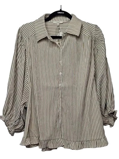 Top Latte Brown/White Striped Textured Knit Button Down Long Sleeve  Women's  ET71906