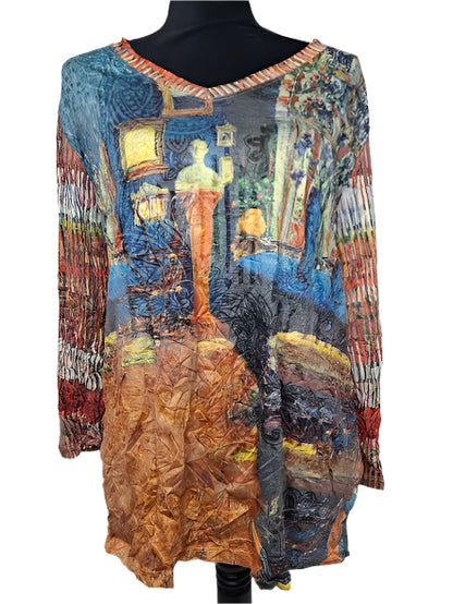Shirt Pullover Crinkle V-Neck Long  Sleeve Rust Multi Colored Women's 25603R