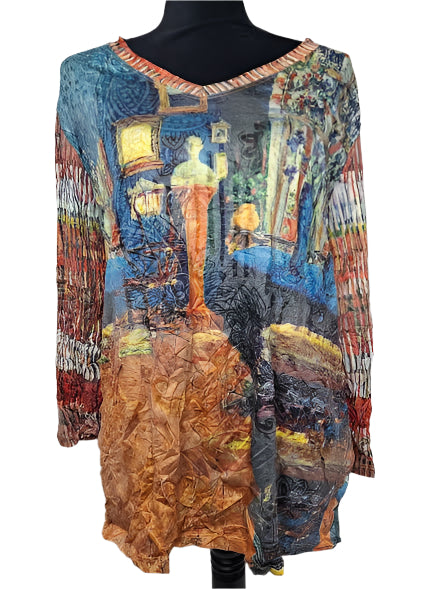 Shirt Pullover Crinkle V-Neck Long  Sleeve Rust Multi Colored Women's 25603R