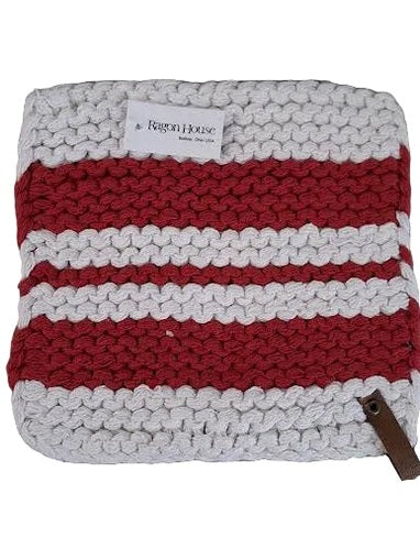 Pot Holder Cream/Red Knit With Leather Hanger 8x8"&nbsp;