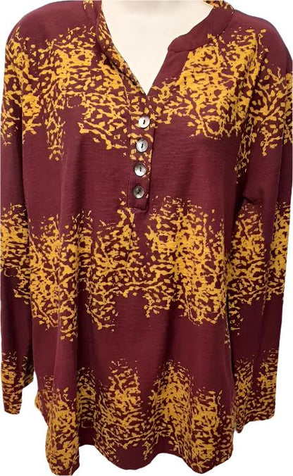 Top Plum/Mustard Button Front Pullover Long Sleeve 2 Pocket Women's 2247 