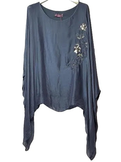 Marisima- Top Pullover Silk Blue Jeans Floral Short Sleeve Women's One Size 1688/XPBJ