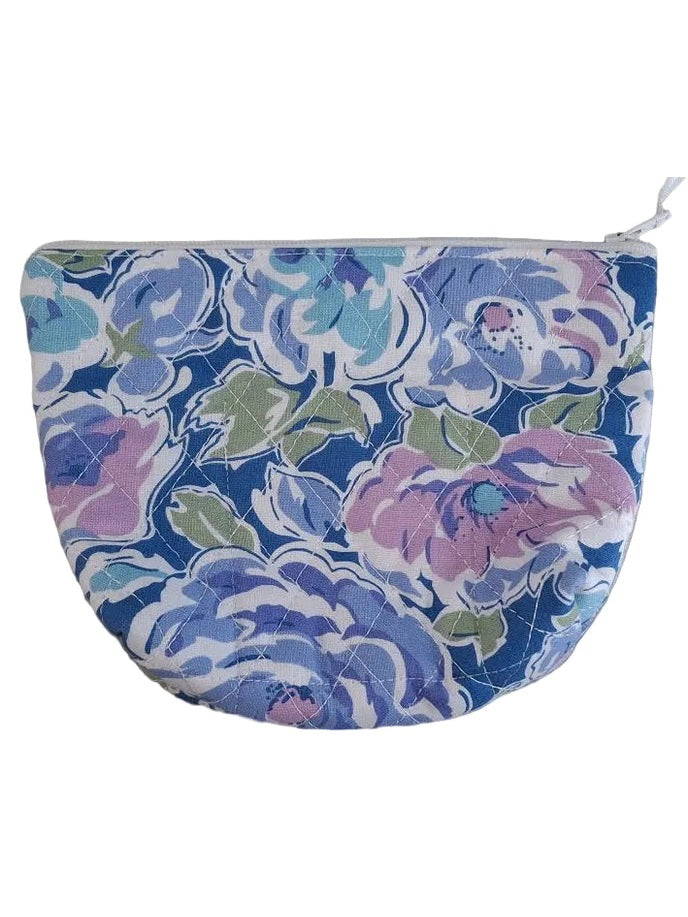 Cosmetic Bag Blue Fabric Floral 6 Pocket Leaf Zipper Closure RTCBB