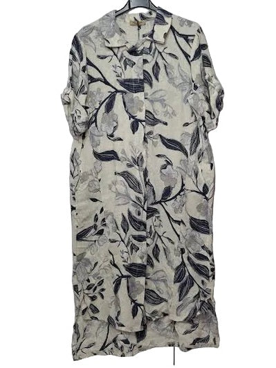 Marisima- Dress Button Down Front Linen Beige/Blue Floral 1/4 Sleeve 2 Pocket Women's One Size 55823