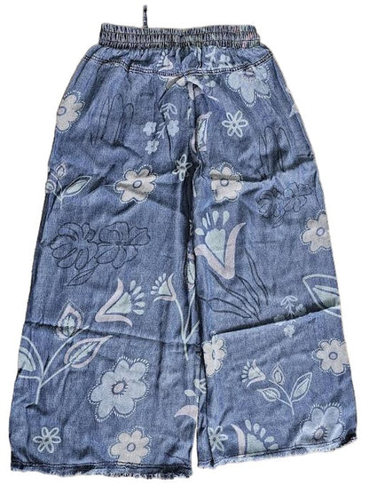 Pants Washed&nbsp; Denim Flower Print 2 pocket Draw String Wide Leg Fray&nbsp; Chambray &nbsp;EB56808