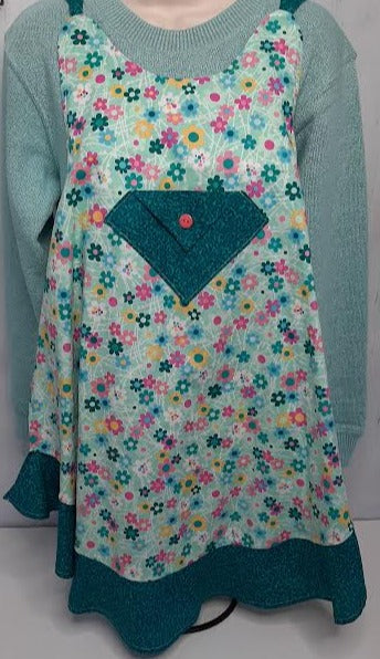 Womens Apron -Green Flowers And 1 Pocket 
