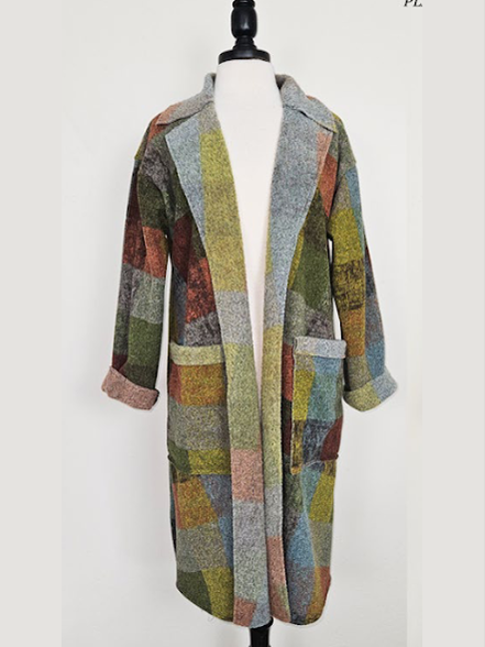 Jacket Long Open Front 2 Pocket&nbsp; Multi Colored Plaid Long Sleeve Women's 526