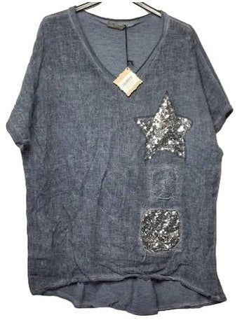 Shirt Pullover Blue/ Sequins 1/4 Sleeve&nbsp; Women's One Size 6002