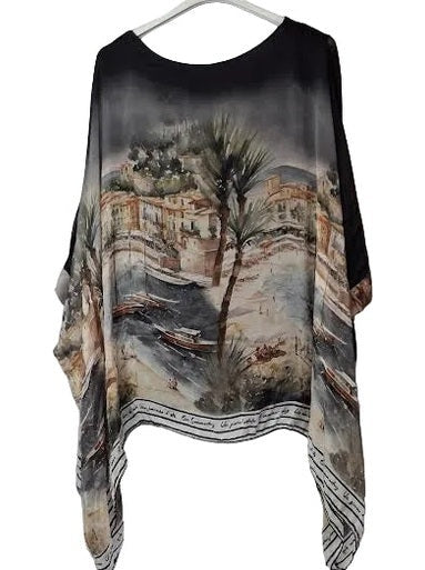 Marisima- Top Pullover Silk Abstract Black City Short Sleeve Women's One Size 1688BAC