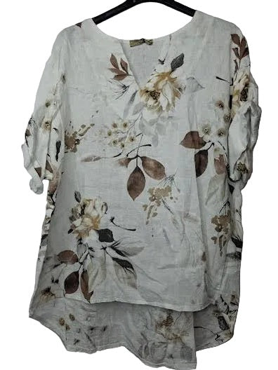 Marisima- Top Pullover Linen V-Neck White/Brown Floral Short Sleeve Women's One Size 42099