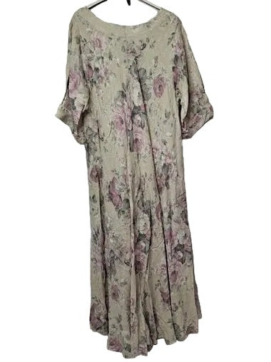 Marisima- Dress Pullover Linen Beige/Pink Floral 1/2 Sleeve 2 Pocket Women's One Size 99820F