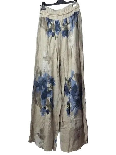 Pants Oatmeal Floral 2 Pocket Rope Draw String Wide Leg Women's One Size 99917O