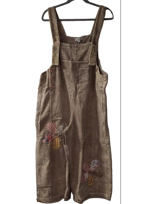 Overalls Corduroy Latte Brown Flower Patch Women's Eb56881