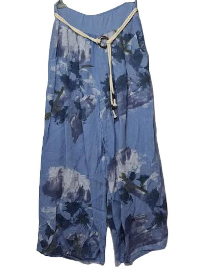 Marisima-Pants Linen Ocean Blue Floral 2 Pocket Rope Draw String Wide Leg Women's One Size 99917OB