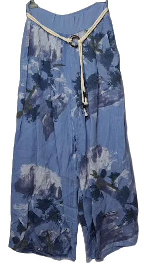 Marisima-Pants Linen Ocean Blue Floral 2 Pocket Rope Draw String Wide Leg Women's One Size 99917OB