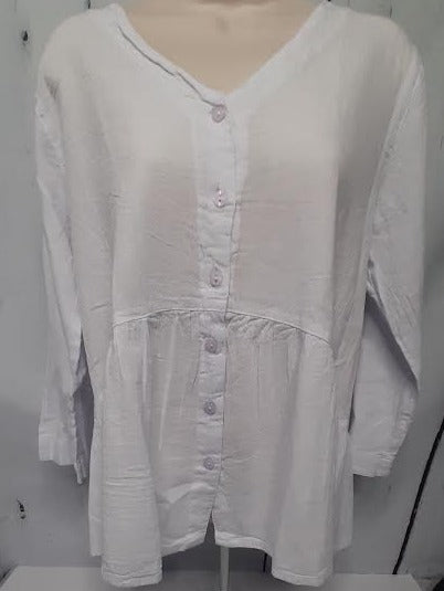 Top-Button Front V-Neck-Long Sleeve-White-Women's S-1677 