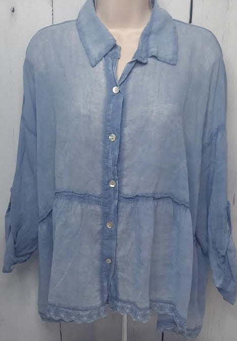 Shirt-Button Down-Peplum-Long Sleeve-Blue-Women's-808022 