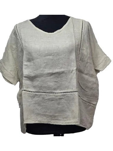Top  Beige V Neck Linen Open Stitch Detail Women's 155099
