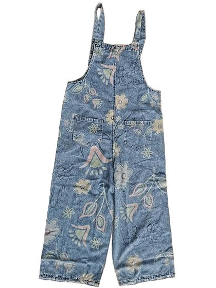 Overalls  Washed Vintage Denim Flower Print 6 Pocket Women's  EB56280