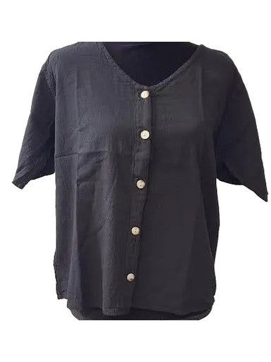 Top 5 Button Front Short Sleeve Black Women's L-0230