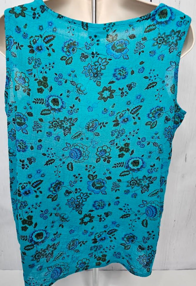 Top Tank Pleated Tropical Floral Blue/Green Women's bb051 