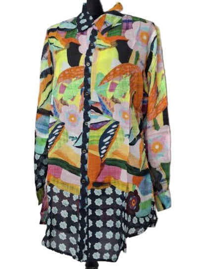 Shirt Button Front Long Sleeve Sheer Multi Colored Orange/Blue AAh6094