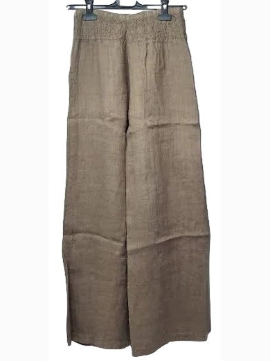 Pants Camel/Beige Linen Smocked Waist Palazzo Women's 80806