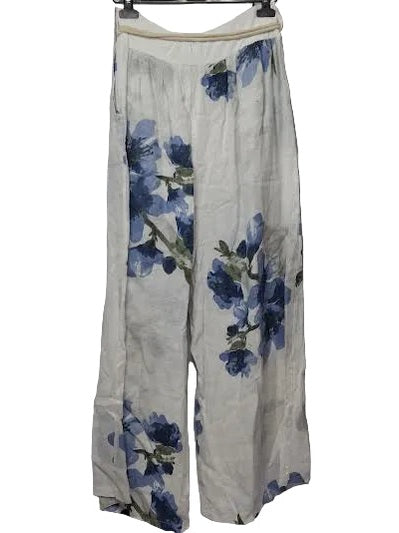 Marisima-Pants White/Blue Cloud Floral 2 Pocket Rope Draw String Wide Leg Women's One Size 99917C