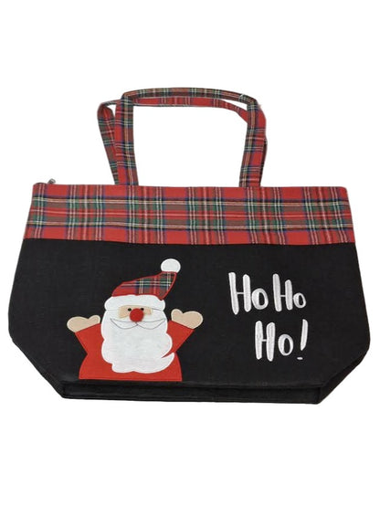 Tote Bag Zipper Top Christmas Santa Ho Ho Ho Black/Red Plaid 13x20x6"Mbo-263