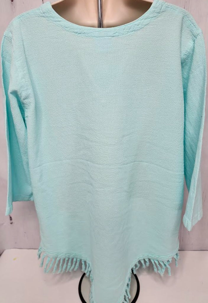 Shirt Pale Green 1/2 Sleeve V Neck Fringe Womens 449 