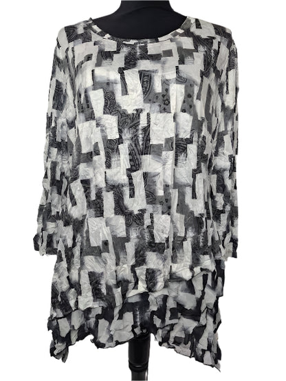 Shirt Pullover Crinkle Mesh Long Sleeve Black/White Women's 25619BW