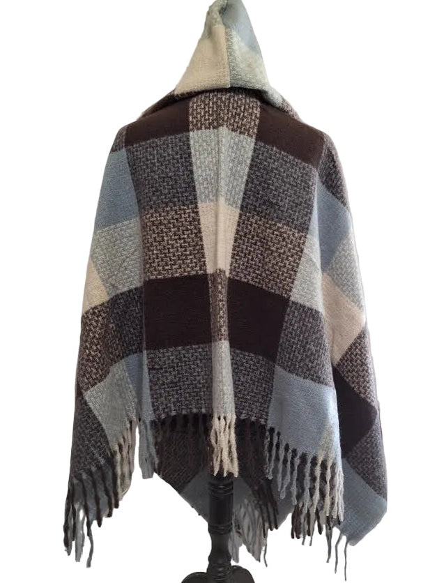 Hoodie Wrap Frosty Knit Plaid Fringed Fsock409