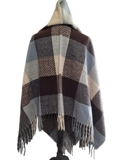 Hoodie Wrap Frosty Knit Plaid Fringed Fsock409