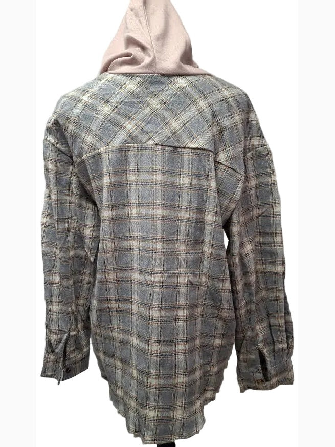 Hoodie Shirt GreyPlaid Button Front 1 Pocket Long Sleeve Women's RTGPHS