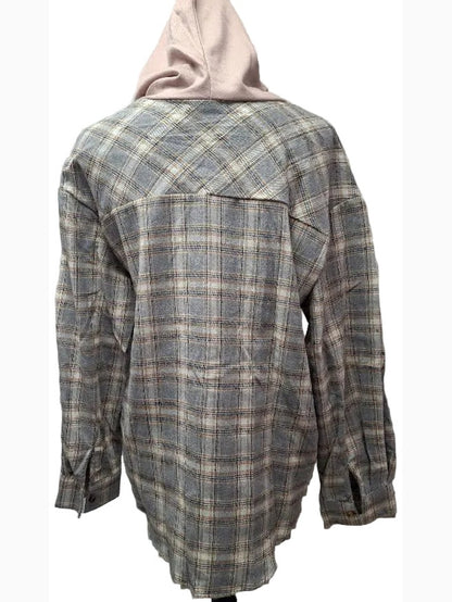 Hoodie Shirt GreyPlaid Button Front 1 Pocket Long Sleeve Women's RTGPHS