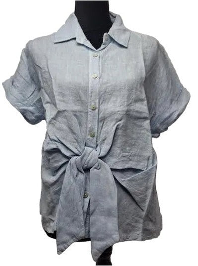 Shirt Sky Blue Linen Button Front Bow Tie Short Sleeve Women's 155113