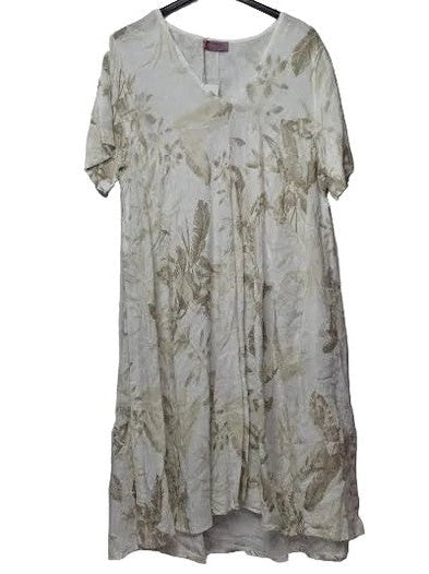 Dress Pullover Linen White/Beige Floral Print 1/4 Sleeve 2 Pocket Women's One Size 13199W