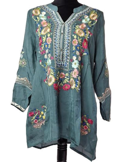 Shirt Pull Over Long Sleeve Sheer Multi Colored Floral Olive AAh5556