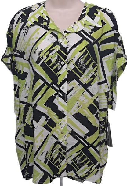 Shirt-Button Front-Muti Colored-Green/White/Black- Short Sleeve- Womens-M23105bm 