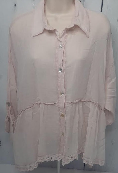 Shirt-Button Down-Peplum-Long Sleeve-Pink-Women's-80802PK 
