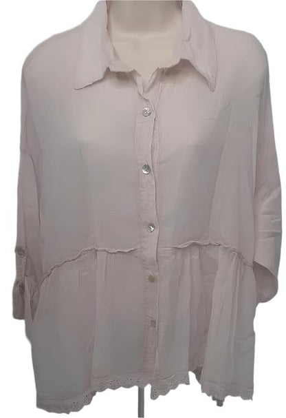 Shirt-Button Down-Peplum-Long Sleeve-Pink-Women's-80802PK 