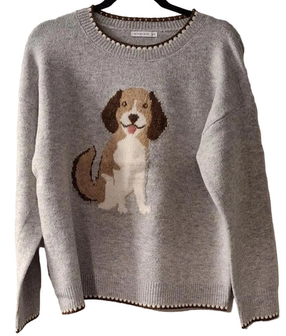 Sweater Grey Dog Long Sleeve Crew Neck Women's 56419
