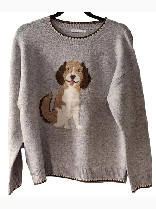Sweater Grey Dog Long Sleeve Crew Neck Women's 56419