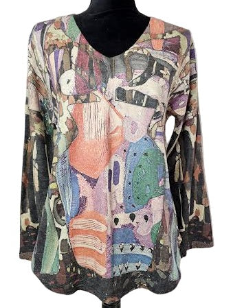 Top Pullover Prisma V-Neck Brushed Mocha Long Sleeve Crew Neck Women'sT644Bm