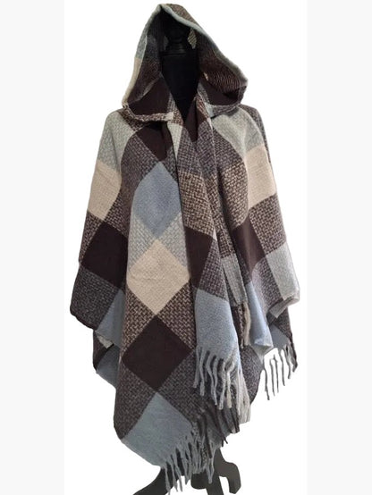 Hoodie Wrap Frosty Knit Plaid Fringed Fsock409